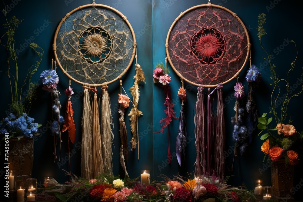 Ornate dreamcatcher tapestries, woven with threads of hope and woven dreams - Generative AI Ornate dreamcatcher tapestries, woven with threads of hope and woven dreams - Generative AI