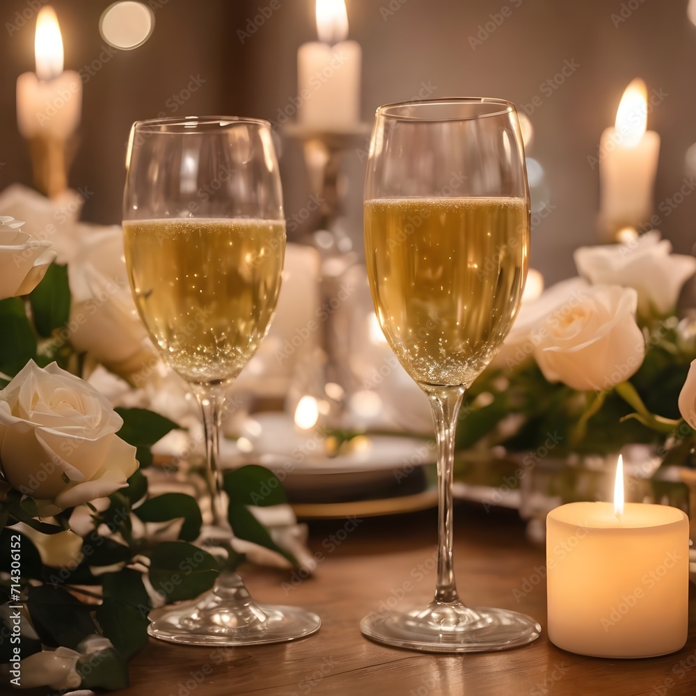 Romantic Evening: Bubbly Glasses, Candlelit Ambiance, and White Roses at a Valentine's Day Dinner