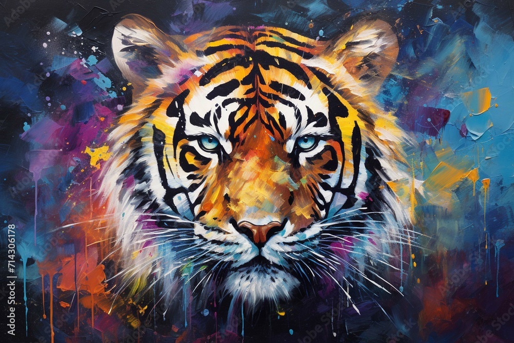 Animal head, portrait art - Colorful abstract oil acrylic painting of colorful tiger, pallet knife on canvas