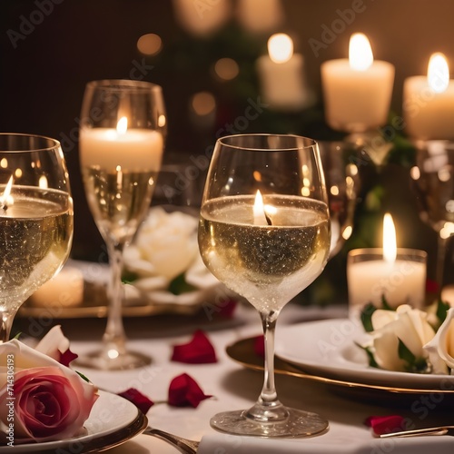 Romantic Evening: Bubbly Glasses, Candlelit Ambiance, and White Roses at a Valentine's Day Dinner