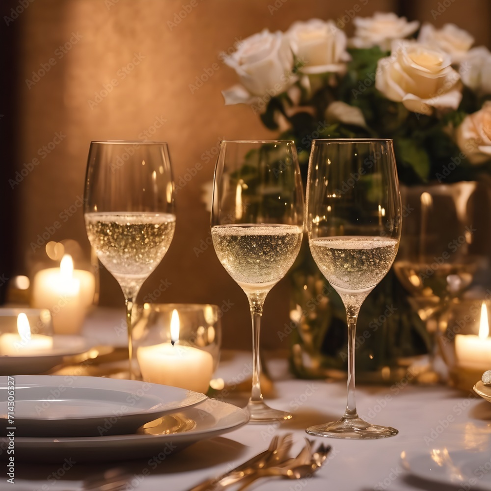 Romantic Evening: Bubbly Glasses, Candlelit Ambiance, and White Roses at a Valentine's Day Dinner