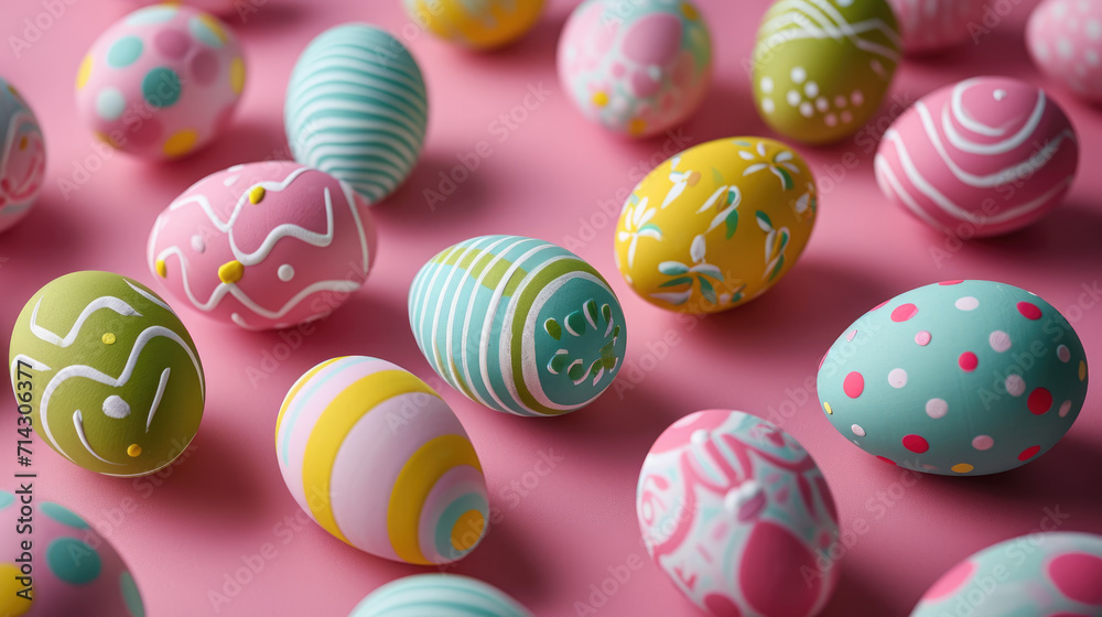 Collection of decorated Easter eggs with various patterns and colors, scattered on a pink surface. Collection of decorated Easter eggs with various patterns and colors, scattered on a pink surface.