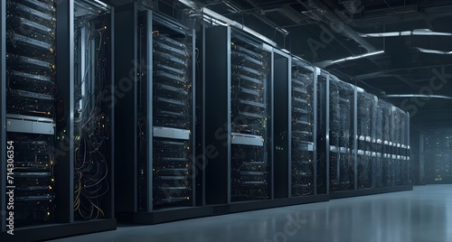 Large room filled with numerous servers. Highlight the technological landscape by showcasing the vast array of servers arranged neatly or strategically in the room. Data center © Guddah