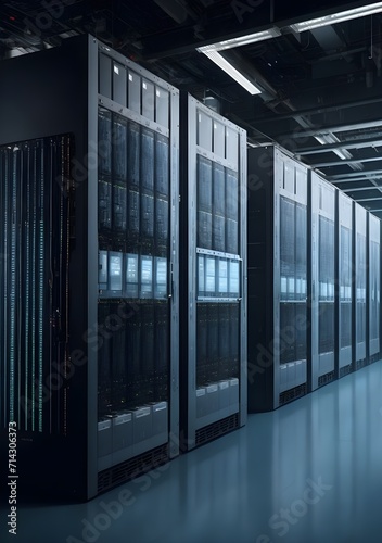 Large room filled with numerous servers. Highlight the technological landscape by showcasing the vast array of servers arranged neatly or strategically in the room. Data center