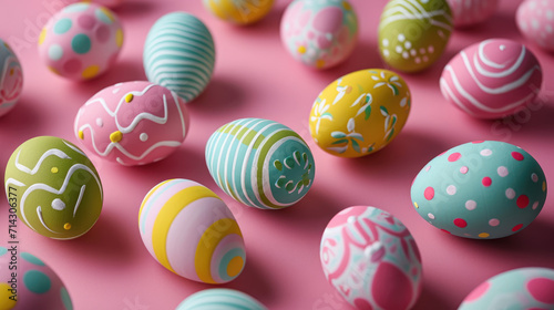 Collection of decorated Easter eggs with various patterns and colors, scattered on a pink surface.