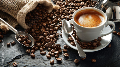 Close-up view of a freshly brewed cup of espresso with a creamy crema on top, accompanied by coffee beans spilling out from a burlap sack photo