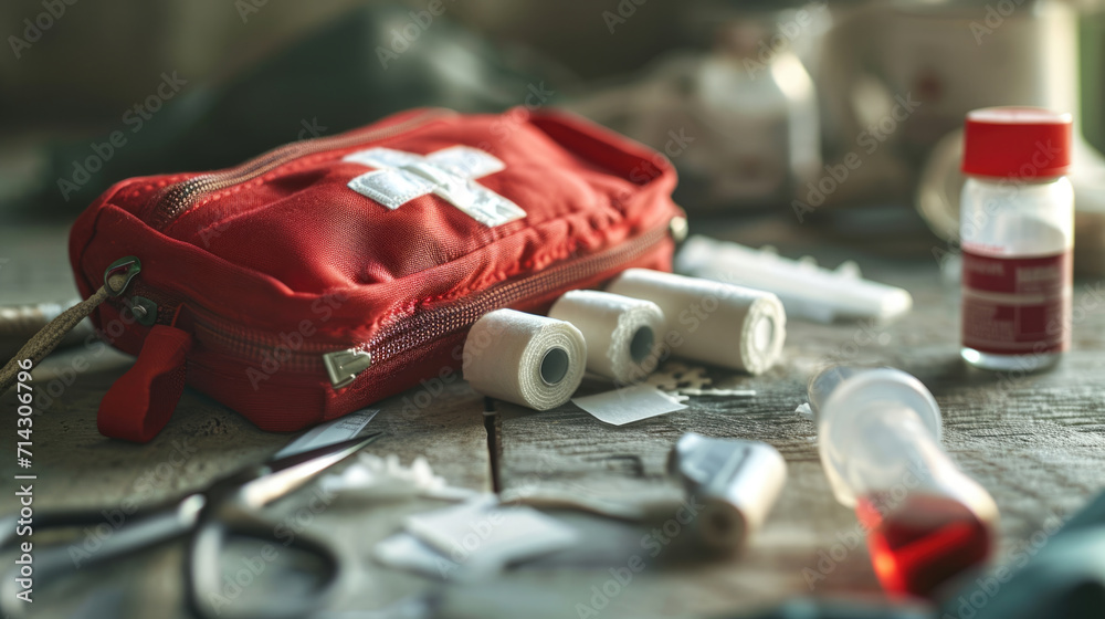 First aid kit with a white cross on a red bag, surrounded by various medical supplies