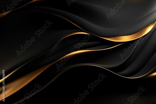  Beautiful black abstract luxury background with 3D texture of wavy lines with golden elements and smooth podium