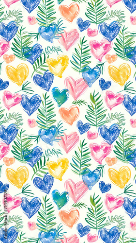 vertical background with pink blue yellow hearts and green tropical leaves