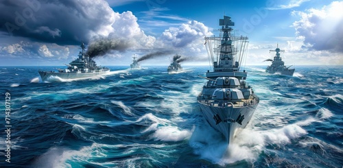 Print op canvas naval battleships sailing along the ocean