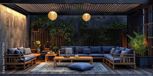 an outdoor space with wooden furniture