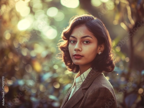 Photorealistic Teen Indian Woman with Brown Straight Hair vintage Illustration. Portrait of a person in 1950s era aesthetics. Conservative style Ai Generated Horizontal Illustration.