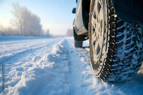 Close-Up of Snowy Road with Winter Tires - Ensuring Safety - Generative AI