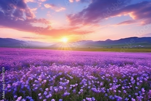 Beautiful panorama rural landscape with sunrise and blossoming meadow. purple flowers flowering on spring field © Amer