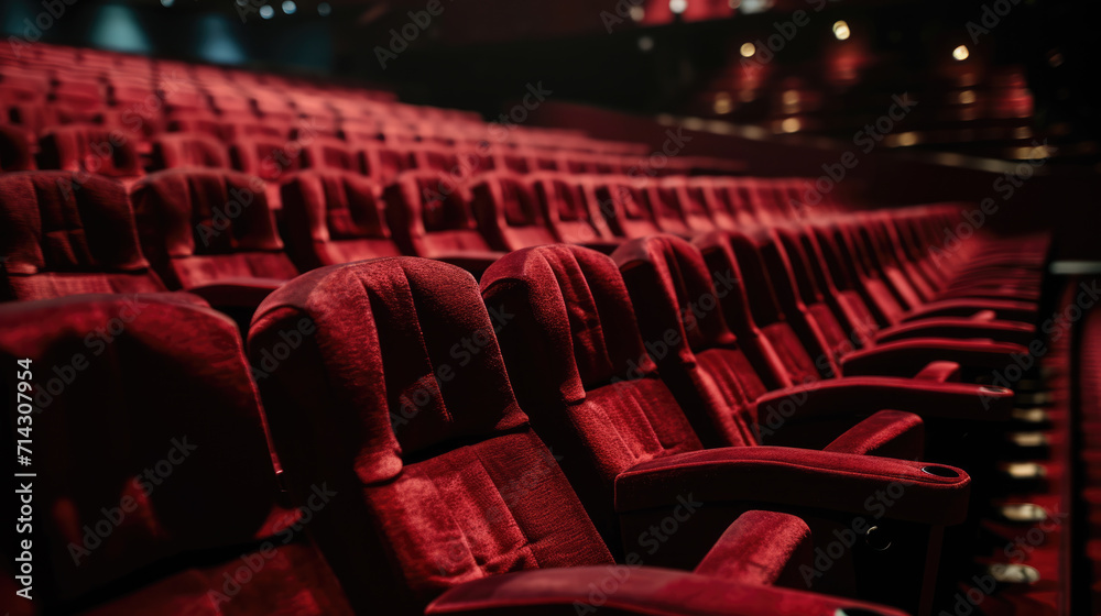 Empty cinema theater with rows of plush red seats, a central aisle leading to a screen Empty cinema theater with rows of plush red seats, a central aisle leading to a screen