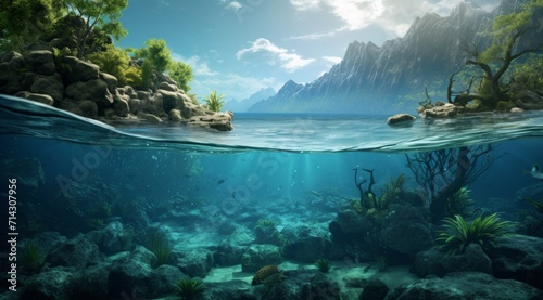a beautiful underwater shot of a tropical island