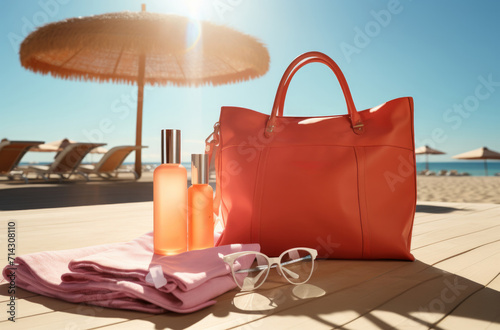 a beach bag sits near some sun care products