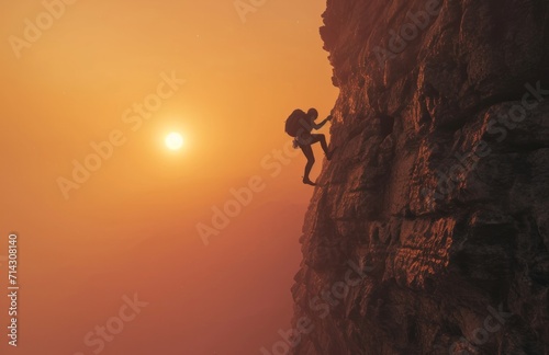 an individual climbs up a cliff in a hazy sunrise