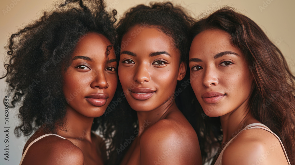 Three young women with diverse skin tones are posing closely together, smiling Three young women with diverse skin tones are posing closely together, smiling