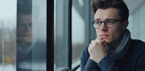 man in glasses resting his hand on chin in the window