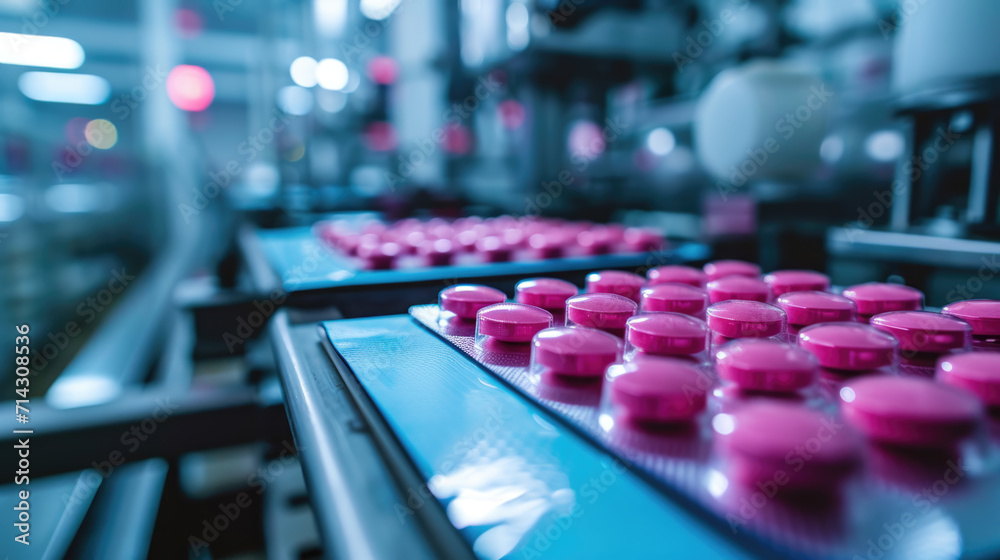 Industrial pharmaceutical production line with a series of purple capsules organized in rows on a conveyor belt Industrial pharmaceutical production line with a series of purple capsules organized in rows on a conveyor belt