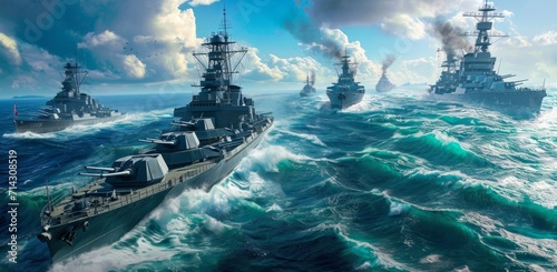 naval battleships sailing along the ocean Fototapeta