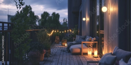 an outdoor balcony with lighting, couches and small gardens