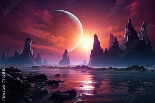 Alien world sunset with ocean, space background, fantasy rendering.
