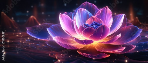 Illuminated digital lotus flower on serene water background. Digital art and spirituality.