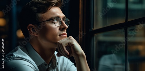 man in glasses resting his hand on chin in the window