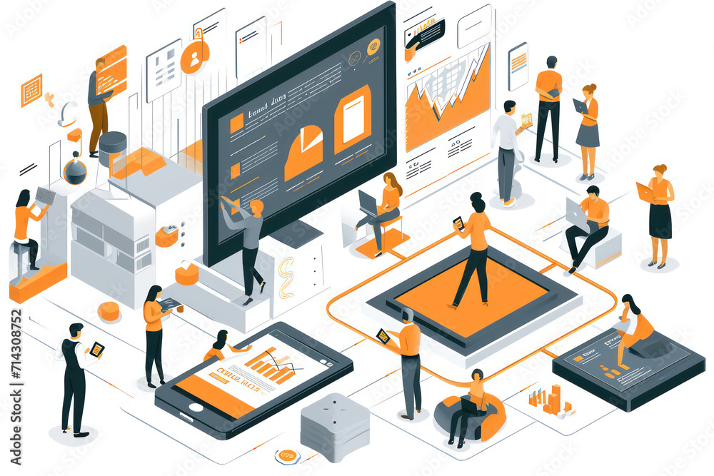 isometric image of small business group of people with an interactive screen - obrazy, fototapety, plakaty 