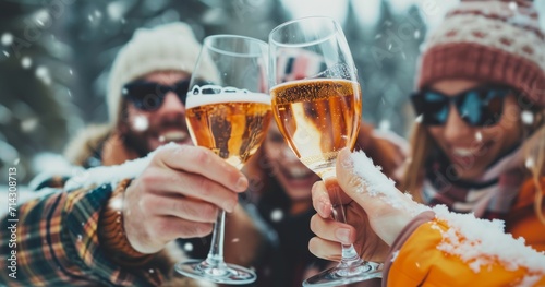 happy people drinking wine on a winter day