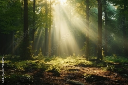 Sunlight illuminates dense forest