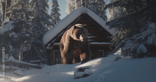 a bear standing in a snow covered cabin