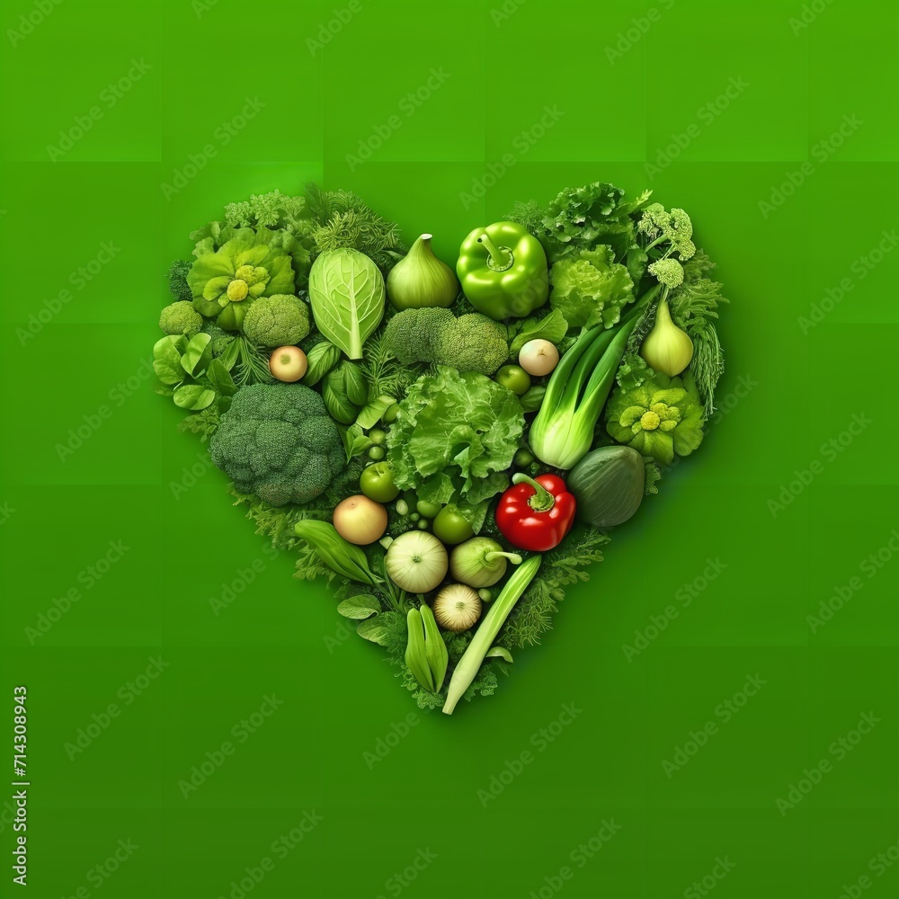 Fresh Vegetables Heart Shape on Green Background Fresh Vegetables Heart Shape on Green Background