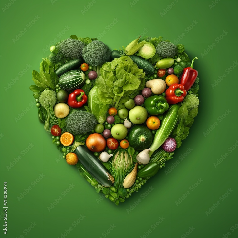 Fresh Vegetables Heart Shape on Green Background Fresh Vegetables Heart Shape on Green Background