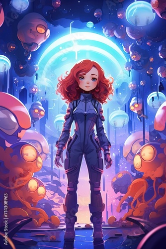 Galactic explorer, cute redhead girl on strange planet vertical portrait in cartoon style.