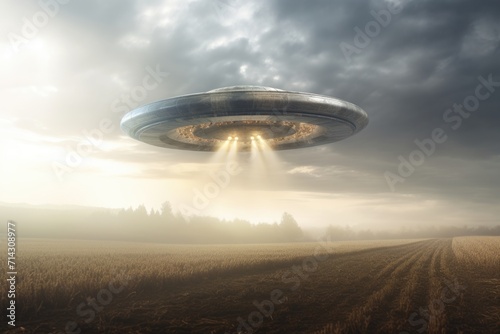 Alien UFO hovers motionless in sky.