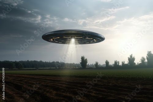 Alien UFO hovers motionless, space travel, humanoid spaceship.