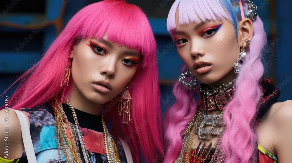 Fototapeta premium Fashion photo shoot of generation Z. girls with bright, colorful hair, makeup and jewelry. individuality and style.
