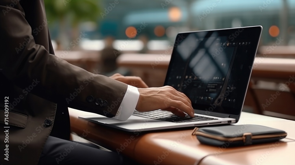 a man in a brown suit is typing on a laptop at the airport. businessman in the terminal with luggage. work online a man in a brown suit is typing on a laptop at the airport. businessman in the terminal with luggage. work online