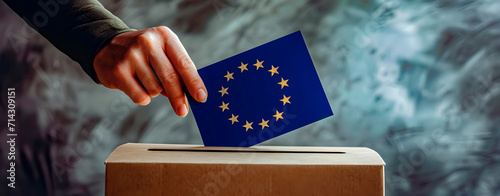Man entering a vote with the flag of the European Union into a ballot box