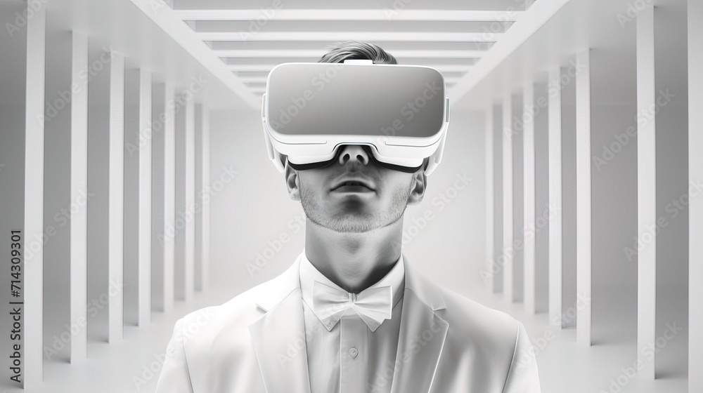 Man in VR glasses close-up on a light background Man in VR glasses close-up on a light background