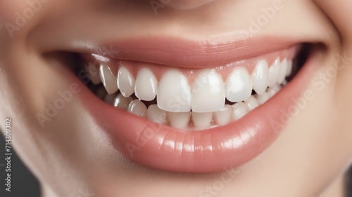 Healthy perfect teeth, young woman smiling. Teeth whitening. Dental concept. Isolated grey background.Ai generative