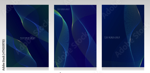 Abstract technological cover set. Curved lines on a blue background. Contemporary template for business, digital vision, technology.
