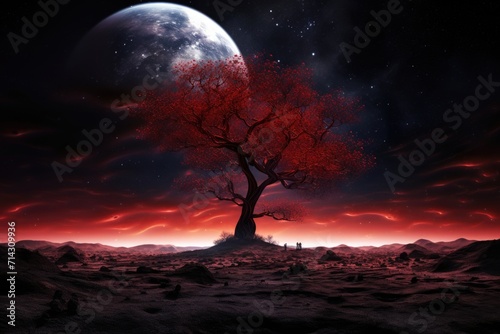 Red alien landscape with lone tree and starry night sky NASA image