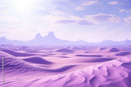 Fantasy planet with purple sand dunes in surreal desert.