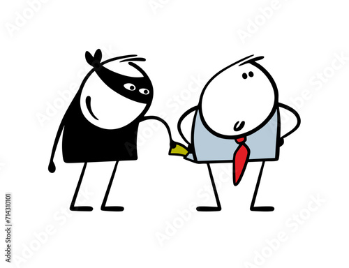 Brazen thief in a black mask got into the pocket of a businessman and steals money. Vector illustration of carefree man in a business suit does not notice the robber. Isolated on white background.