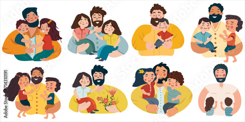 A series of Father's Day themed images showcasing fathers of bonding and adventure with their children. These illustrations capture the essence of fatherly love. Vector illustration.