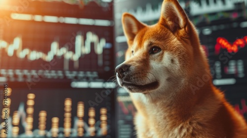 Joyful Shiba Inu, the iconic face of Dogecoin, depicted happily amidst crypto charts. Positive and cheerful atmosphere in the cryptocurrency market. photo